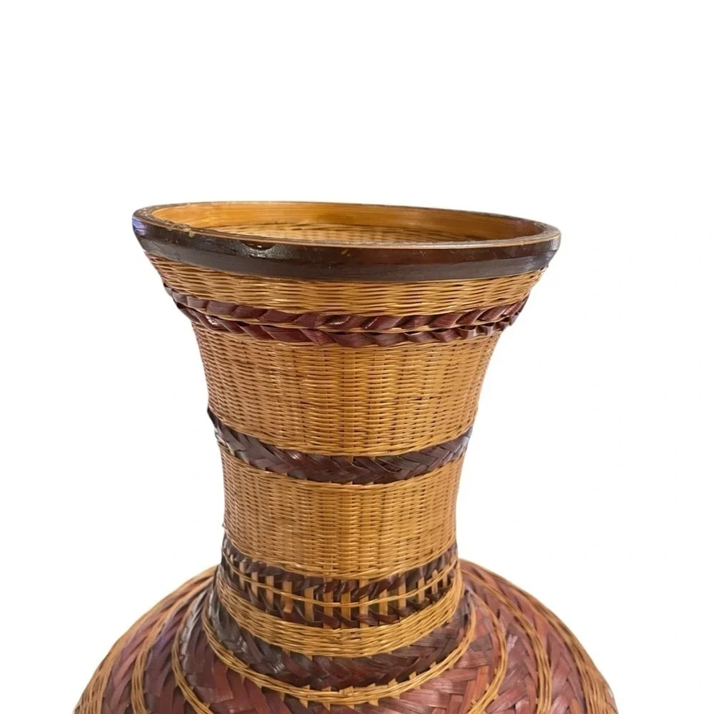 Vintage Shanghai Handicrafts Woven Wicker Rattan Bamboo Vase China 10.5